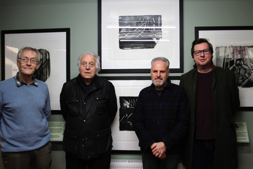 Museum Director Ivor Ramsden, artist Michael Sandle, Paul Ford and Martyn Cain of the Isle of Man Arts Council with the new exhibition. Photo credit: Paul Ford