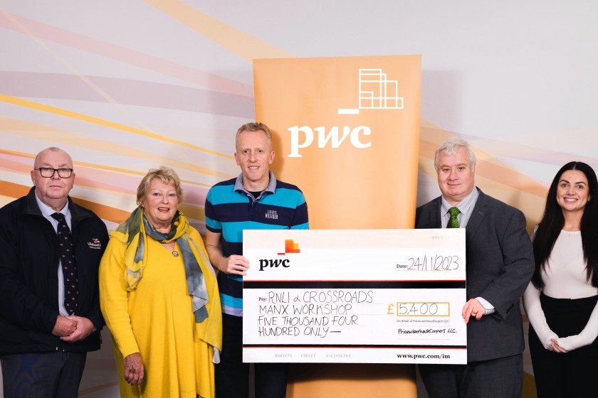 From left to right; Peter Washington and Gilli Cowley (RNLI), Paul Jones (PwC Isle of Man), John Wannenburgh (Isle of Man Sporting and Dining Club), and Megan Faragher (Crossroads Manx Workshop).