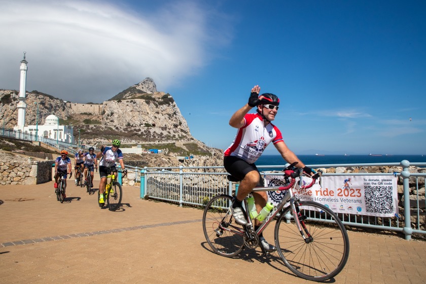 Some of the cyclists crossing the finish line at Europa Point in Gibraltar after their 800-mile cycle ride for Launchpad